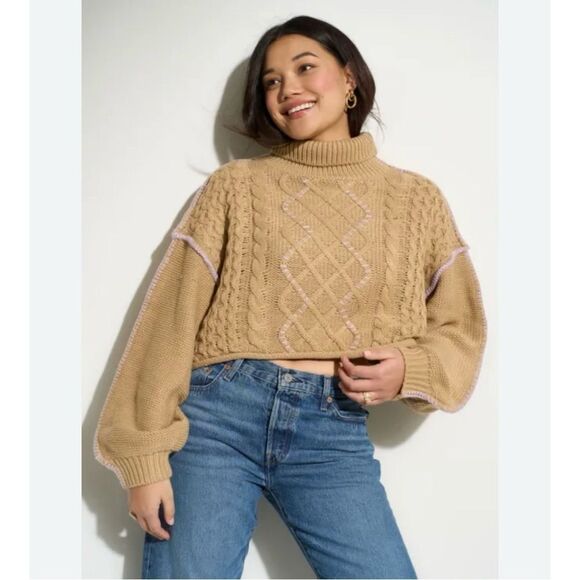 New Callahan Knitwear Cropped Cameron  Tan & Purple Turtleneck Sweater- Medium - Picture 2 of 16